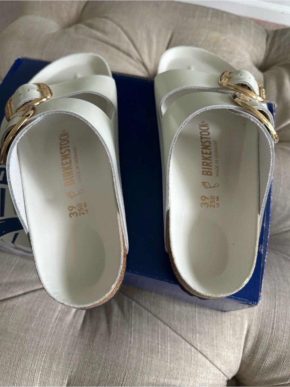 Birkenstock White Double-Strap Sandals with Gold Buckles - Picture 4 of 5